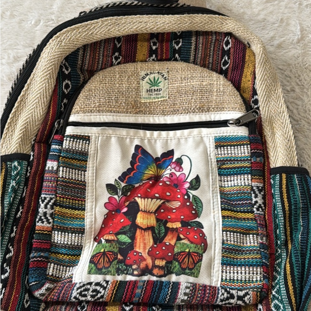 Colorful Hemp Backpack with Mushroom Design